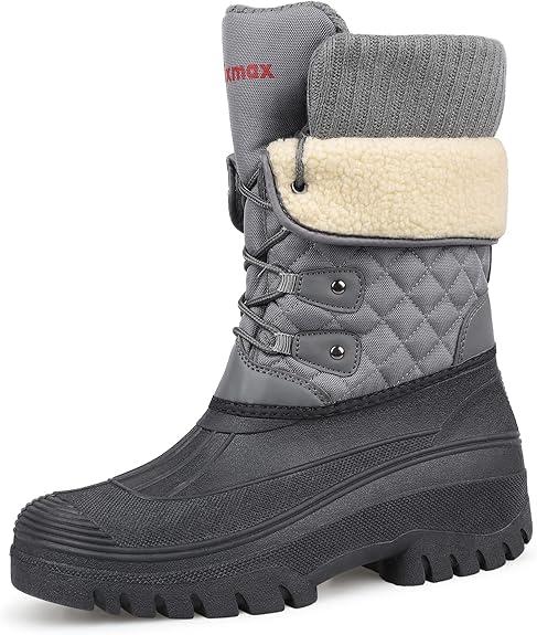 Knixmax Women's Winter Snow Boots Waterproof Mid Calf Booties Fur Lined Warm Outdoor Insulated Mucker Yard Skiing Hiking Boots Beige White EU 42