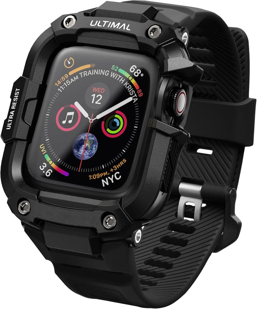 ULTIMAL Bands Case Compatible with Apple Watch 44mm SE (2nd)/SE/6/5/4 for men, with Bumper Case for Apple Watch Sport Band (Black/Black, For 44mm)