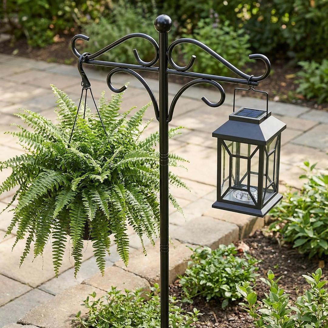 76" Double Shepherds Hooks for Outdoor, Heavy Duty Bird Feeder Pole with 5 Prong Base, Metal Hooks for Hanging Plant Baskets, Solar Lanterns & Hummingbird Feeders, Gardening Tools