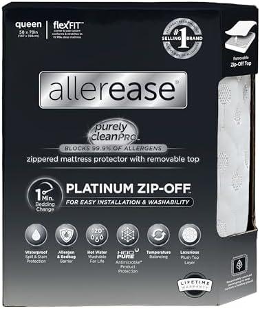 AllerEase Platinum Zip-Off Top Waterproof Mattress Protector Queen Size 360 Degree Zipper Allergen Barrier Temperature Balancing Luxurious Plush Top Separately Machine Washable Mattress Cover (White), Queen