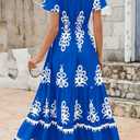 PRETTYGARDEN Womens 2026 Summer Casual V Neck Boho Maxi Dress Flowy Aline Bell Sleeve Tiered Floral Dresses with Pocket (Blue, L)