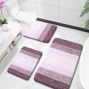OLANLY Bathroom Rugs Sets 3 Piece, Soft Absorbent Microfiber Bath Mats and U-Shaped Contour Toilet Rug, Plush Shaggy Bath Mat Set for Bathroom (36"x24"+24"x16"+24"x20", Mauve )