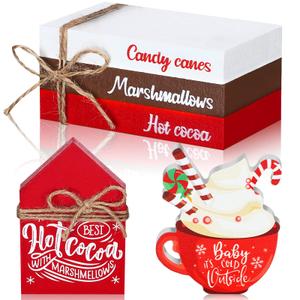 5 Pieces Christmas Farmhouse Tiered Tray Decor 3 Faux Books Bundle with Twine Christmas Tiered Tray Decor Hot Cocoa Decor Warm Tabletop Wooden Block Sign Candy Holiday Centerpieces