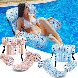 Blueweenly 2 Pack Inflatable Pool Float for Adult Adjustable Hammock Float Chair Fabric Pool Lounge Chairs Blow up Water Chairs Rafts for Summer Swimming Party Fun(Blue, Orange, Bohemia)
