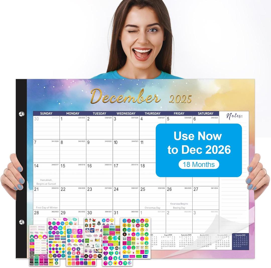 Gannyfer Desk Calendar 2026 - 18 months Use Now to Dec 2026, 22" x 17" Large Desk Calendar 2025-2026 with to-do List, Thick Paper with Corner Protectors, Large Ruled Blocks - Colorful Waterink (6 Stickers Included)