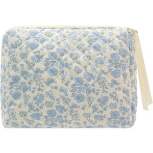 PAZIMIIK Quilted Makeup Bag Large Travel Zipper Soft Cosmetic Pouch for Women Girls Make Up,Little Flower Blue (1 PCS Pouch)