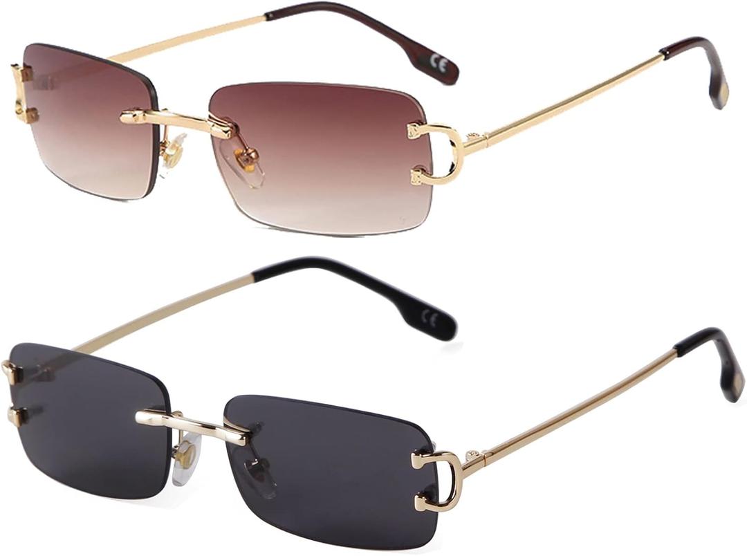 Rimless Sunglasses for Men Women Fashion Small Narrow Rectangle Sun Glasses Shades 90s Eyewear (Gradient Brown+grey)