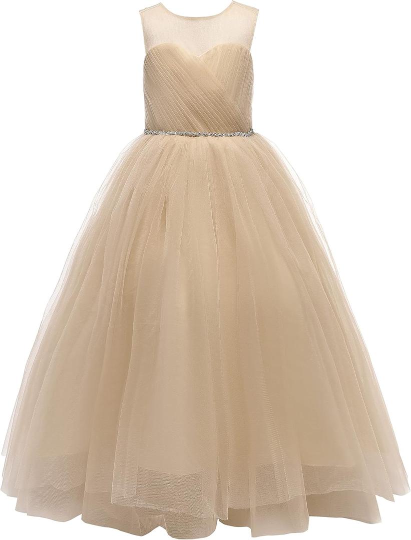 Glamulice Christmas Flower Girl Dresses 7-8 Golden Junior Bridesmaid Wedding Birthday Party Holiday Tulle Dress A Line Big Girls Daddy Daughter Dance Prom Princess Ballgown Gold Kids Pageant Gowns