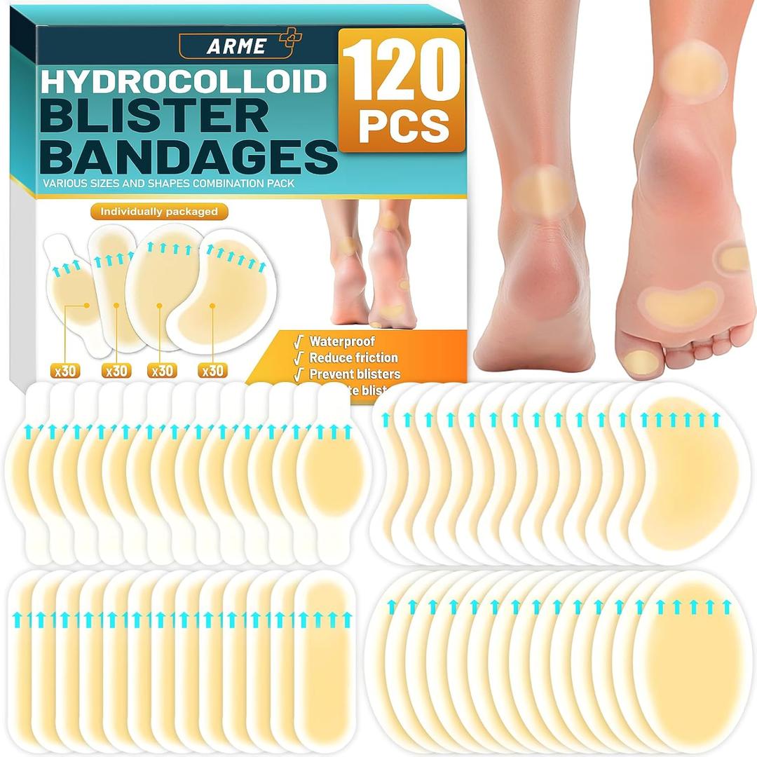Arme Hydrocolloid Bandages, 120Pcs Gel Blister Bandages for Feet, Waterproof Blister Pads Blister for Prevention & Recovery, Blister Hydroseal Bandaids for Heel Toes Protection(4 Shape Variety Pack)