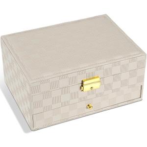 GUOER Jewelry Box for Women Girl Wife - Large PU Leather Jewelry Organizer Storage Case with Two Layers Display for Earrings Bracelets Rings Watches (Light Khaki)