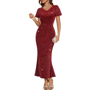 DRESSTELLS Womens Cocktail Sequin Wedding Guest Dresses, Formal Glitter Sparkly Evening Party Long Prom Vintage Dress (Red)