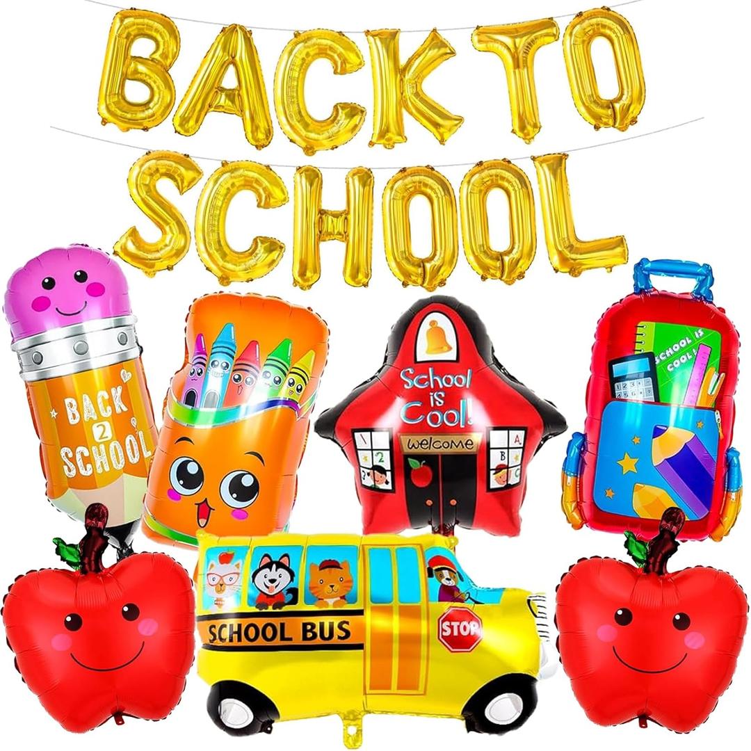 2 x Back to School Balloons, School Bus Pencil Apple Crayon Foil Mylar Balloon for Back to School Supplies, Kindergarten Party Decorations