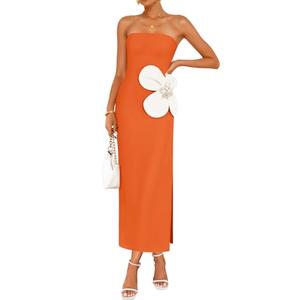 ZESICA Women's Summer Strapless Bodycon Maxi Dress 2026 Ribbed Knit Backless Floral Tube Cocktail Party Long Dresses,Orange,X-Large