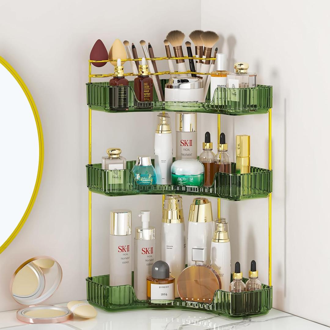 SUNZOS 3-Tier Corner Bathroom Counter Organizer, Bathroom Organizer Countertop with Makeup Brush Holder, Vanity Makeup Cosmetic Storage, Corner Storage Organizers for Dresser (Green)