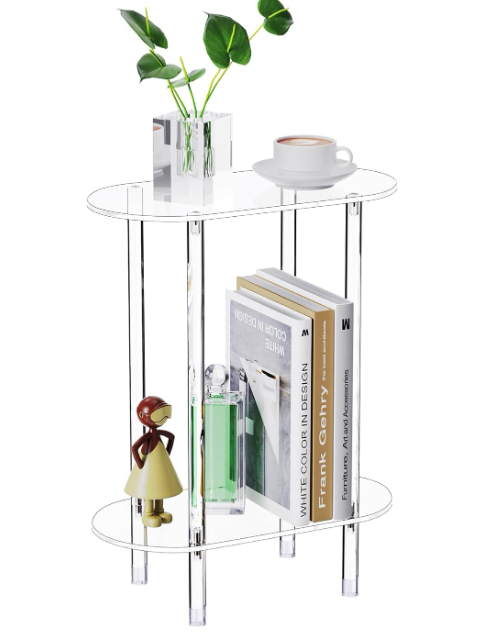 Clear Acrylic Narrow Side Table for Small Spaces, 2 Tier Oval Slim End Table Nightstand, Small Skinny Bedside Table for Bedroom, Bathroom, Living Room 8"x16" 