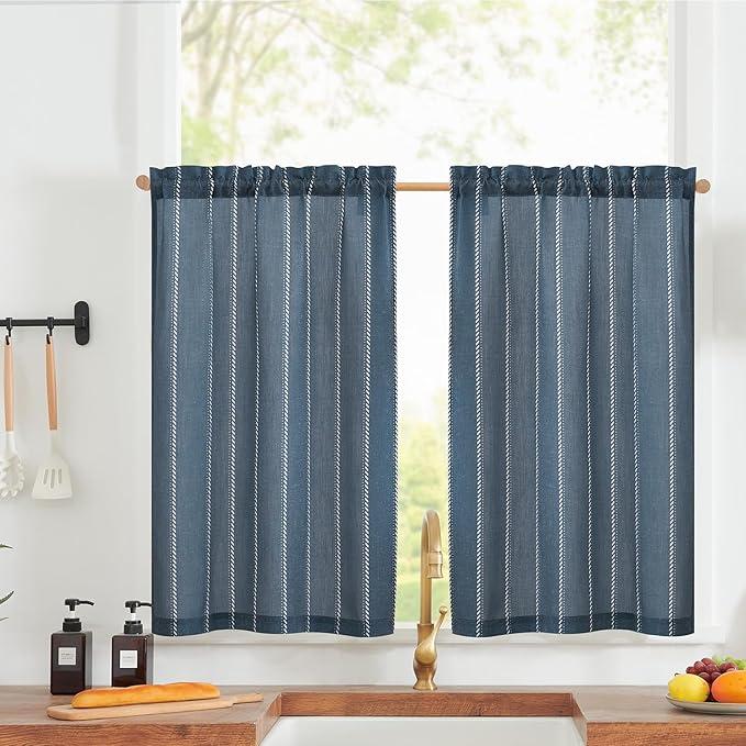 jinchan Nautical Striped Linen Kitchen Curtains 36 Inches Farmhouse Tier Cafe Curtains for Living Room Bathroom Laundry RV Rustic Half Window Light Filtering 2 Panels Grey