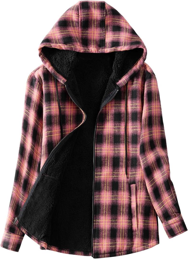 Women's Full Zip Sherpa Lined Flannel Jacket Fleece Plaid Warm Winter Jacket Coat for Women (X-Large, Black Pink)