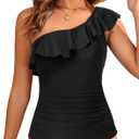 Yonique Womens One Shoulder Tankini Swim Tops Ruffle Bathing Suit Tops No Bottoms (18 Plus, Black)