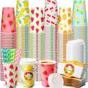 120 Set 16oz Summer Fruits Paper Coffee Cups with Sleeves, Lids and Straws Disposable Hawaiian Themed Juice Tea Drinking Cups Bulk for Holiday Birthday Party Wedding Baby Shower Supplies