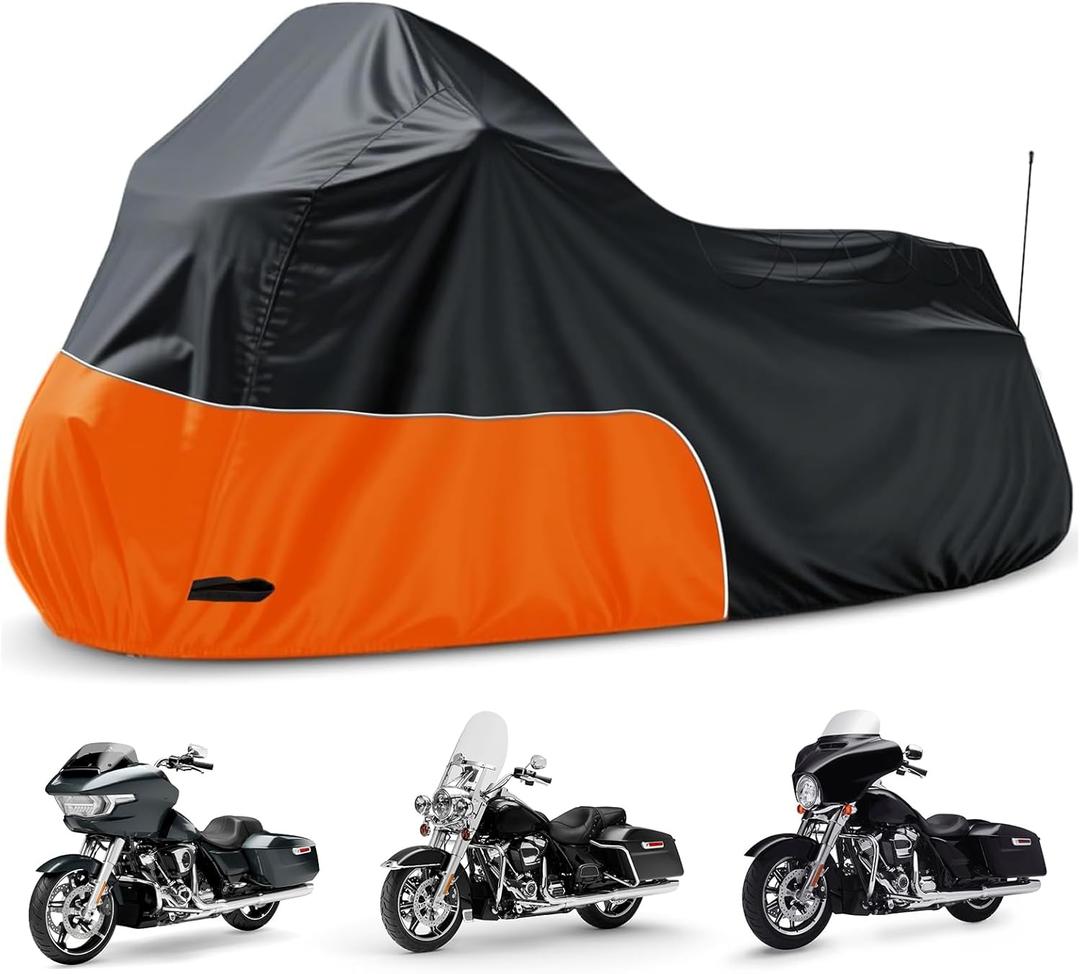 Motorcycle Cover Fits for Harley Davidson Road King Road Glide Electra Glide Low Rider-ST HD Goldwing, All Weather Waterproof Cruiser Motorcycle Cover, Black&Orange (107"-Side Box)