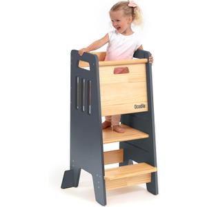Toddler Tower with a Sliding Door and 3 Adjustable Heights - Complete Toddler Kitchen Stool Helper with Support Feet - Safe Design for 18+ Months to 6-Year-Old Kids - Gray (1 - Gray)