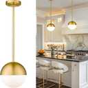 LMS Modern Pendant Lighting Gold Globe Pendant Light Fixture, Mid Century Chandelier One Light Hanging Fixture for Kitchen Island, Adjustable Indoor Lighting for Dinning Room Bedroom, LMS-187, 8" White Glass, 1 Pack