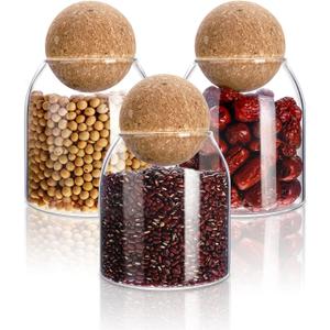 3 Pcs Glass Jar with Ball Cork Lid Decorative Round Bottle Sealed Canister Jar Storage Container Organizer with Airtight Seal Wooden Lid for Food Coffee Bean Candy Biscuits Spice(500 ML/ 17 Oz)