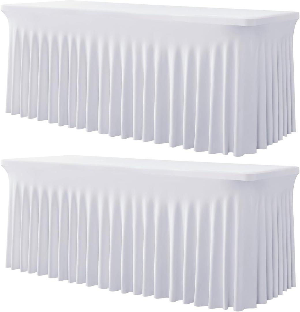 2 Pack White Spandex Tablecloths for 4 ft Rectangle Tables, Stretch Table Cloths 4 Foot Fitted Table Cover with Skirt for Parties Weddings Birthday Banquet Baby Shower (4FT(2pack))