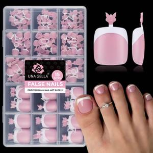 UNA GELLA French Press On Toenails - 15 Sizes Pre-Etched French Toe Nail Press Ons Soft Square Gel False Toenails Pink and White Fake Toe Nails 180Pcs for Women Big Toes Nail Extensions Pedicure