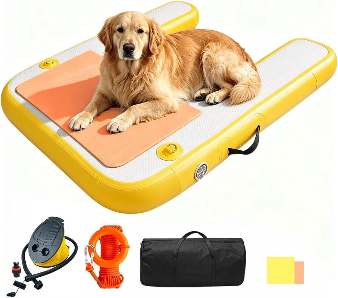 Inflatable Dock Platform for Dog, Large Dog Float Floating Ladder Up to 220 lbs Dogs Water Ramp, Non-Slip PVC with Boat Ramp for Pool, Dock, & Lake