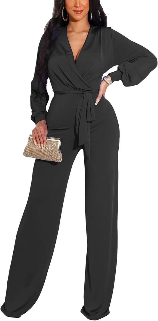 shengfan Formal Jumpsuits for Women Dressy Evening Sexy Deep V Neck Plus Size Long Wide Leg Pants Rompers Clubwear (XX-Large, 049black)