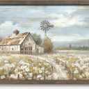 Barn Framed Wall Art Decor: Rustic Farmhouse Wooden Picture Countryside Windmill Meadow Painting Blue Sky and Wild Flowers Prints Artwork for Bedroom Kitchen 36'' x 24''