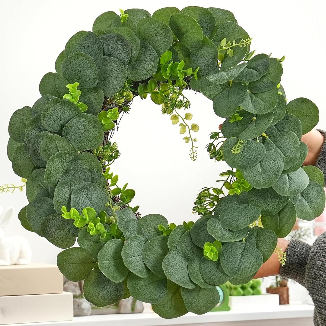 Eucalyptus Wreath for Front Door, Artificial Greenery Wreath with Realistic Leaves for Spring Easter Home Decor, Farmhouse Nordic Round Wreaths with Jute Hanger for Wall, Outdoor (11Lx11Wx2.56H)