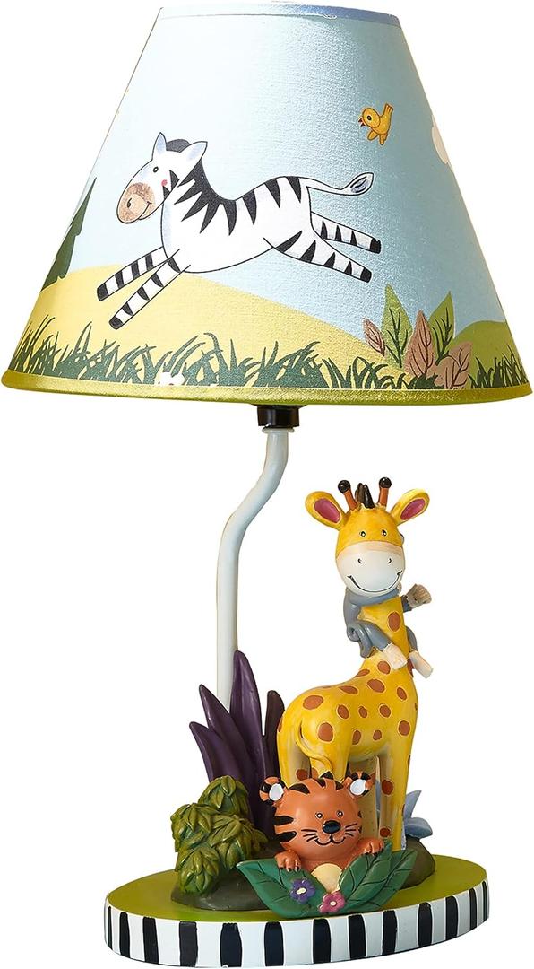 Fantasy Fields - Sunny Safari Animals Thematic Kids Table Lamp, for Girls & Boys Rooms with Printed Zebra Lampshade & Sculpted Monkey, Giraffe, & Tiger Base, Jungle Lamp for Nurseries & Baby Rooms
