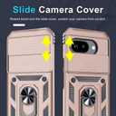 Janmitta Case Compatible with Google Pixel 9A Built in Slide Camera Lens Cover+Screen Protector+Finger Ring Holder Kickstand,Heavy Duty Shockproof Full Body Protective Phone Cover,Rose Gold