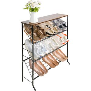 Narrow Shoe Rack for Front Door Entrance,4-Tier Shoes Rack Storage Organizer with 3 Slanted Shelves and Top Shelf for Entryway,Skinny Space Saving Shoe Rack, Black