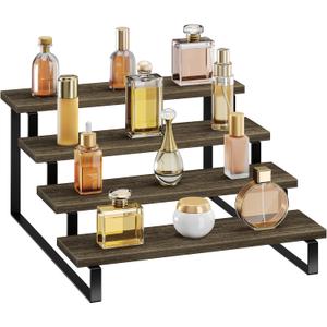 Wooden Display Riser Stand 4 Tier Perfume Display Stand Perfume Organizer with Metal Stand for Dresser Display Shelf for Cologne Spice Rack Figruine Cupcake