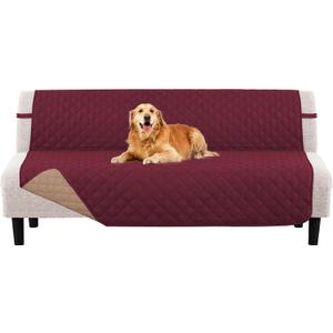 PrinceDeco Futon Slipcover Armless Futon Bed Cover Furniture Protector with Elastic Bottom Reversible Quilted Couch Cover Width Up to 70" Water Resistant Couch Cover for Pets,Wine