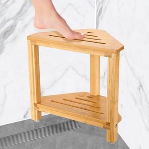 IBosins Corner Shower Stool Shower Foot Rest for Shaving Legs Small Shower Bench for Inside Shower to Sit on Bath Stool with Storage Shelf Shower Accesories - Bamboo Wood