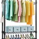 Heavy Duty Rolling Garment Rack 3 Tiers Adjustable Wire Shelving Clothes Rack with Rods and Side Hooks,Storage Closet Clothing Rack with Wheels Black, 48.35 by 19.21x 5.43 in