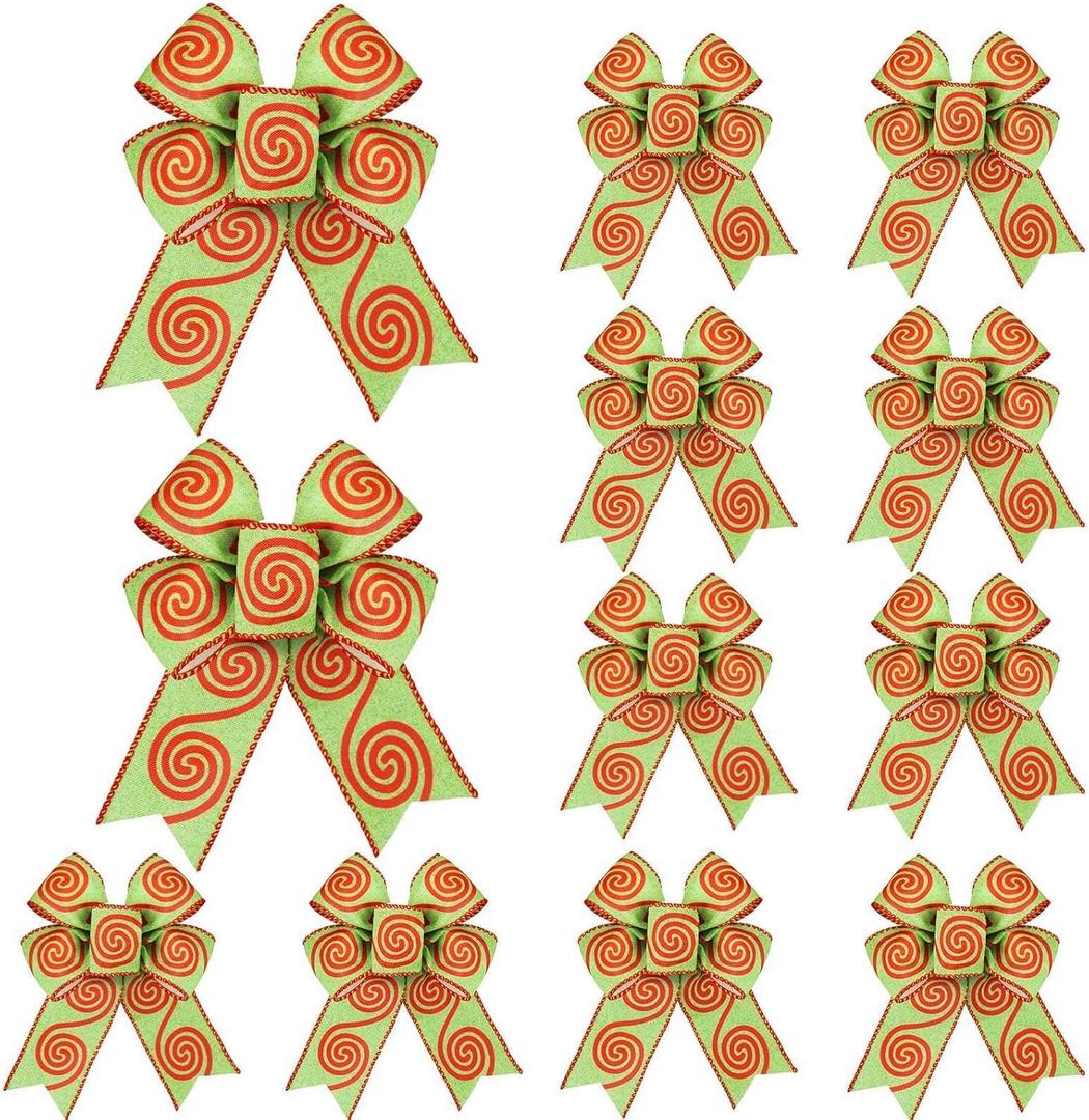 12 Pcs Red Green Christmas Bows 4.9 x 6.9 Inch Christmas Wreaths Dots Bows Red Green Glitter Bows Christmas Tree Crafts Front Door Indoor Outdoor Home Garland Wedding(Swirl Pattern)