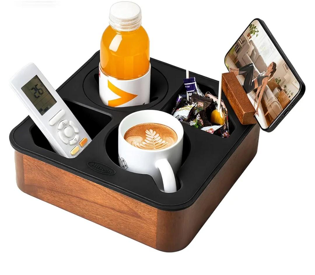 Couch Cup Holder Tray, Acacia Wooden Couch Caddy with Rotatable Phone Holder for Bed Organizer, Waterproof Anti-spill Sofa Cup Holder for Snacks Beverage Remote Black