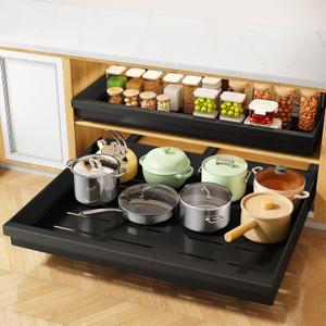Pull out Cabinet Organizer, 4-Pack Expandable(13.6"-24") Silde out Drawers with Raising Pad for Framed Cabinets, Adjustable Full-Extension Roll out Shelves for Kitchen Pantry Home Pot and Pan(Black)