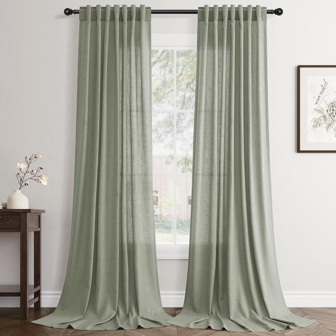 Sage Green Curtains 90 inch Length 2 Panels for Bedroom Back Tab Light Filtering Semi Sheer Drapes Linen Textured Light Green Airy Modern Farmhouse Living Room Sage Aesthetic Decor