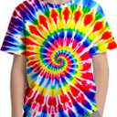 DMPROD Kids Neon Rainbow Tie Dye Shirt Size 17-18 Years Children Hippies Senior Short Sleeve Tees Tie-Dye T Shirt for Boys Girls