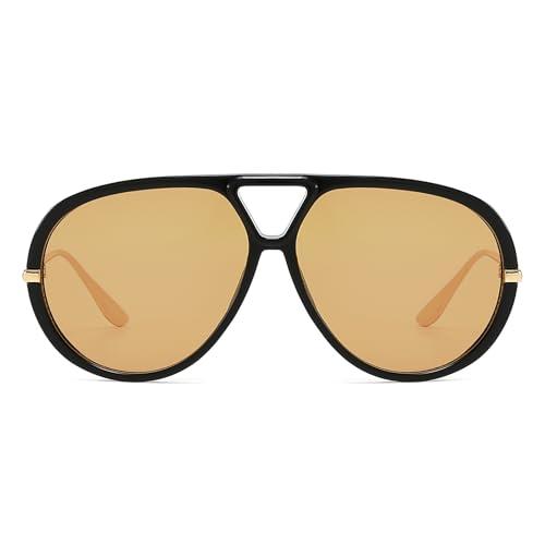 OSAGAMA Trendy Oversized Aviator Sunglasses for Women Men Luxury Vintage Shades Retro Metal Sunglasses Shield (Black/Light Brown)