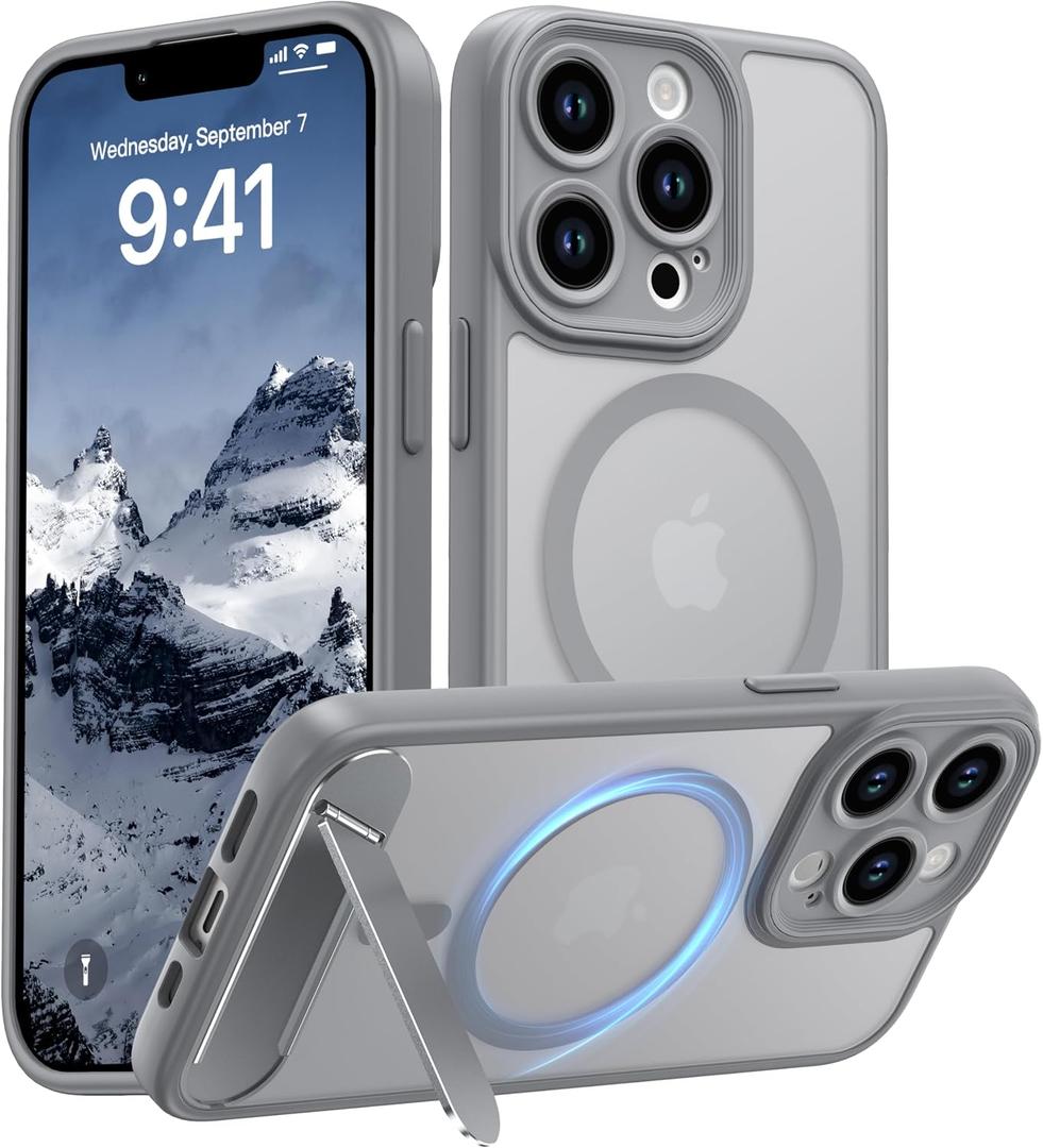 Magnetic Compatible with iPhone 13 Pro Case, [Built-in Kickstand][Full Camera Protection][Compatible with MagSafe][Anti-Fingerprint] Shockproof Phone Case for iPhone 13 Pro 6.1",Grey