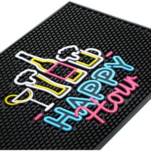 Preboun Bar Mat for Countertop with Fluorescent Pattern Thick Rubber Non Slip Black Bar Spill Mats for Coffee Kitchen Restaurants Entertaining Home Service(1 Pcs,17.72 x 11.81 Inch)