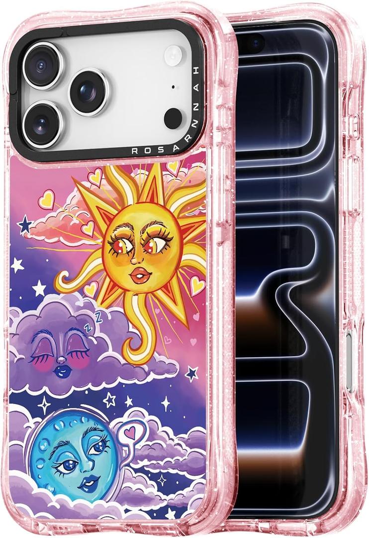 for iPhone 17 Pro Max Case Cute - Military-Grade 20 ft Drop Protection Shockproof Phone Case - Funny Day and Night Design (6.9") Glitter Pink