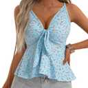 HUHOT Women's Floral Ruffle Top Tie Front Sleeveless V Neck Adjustable Spaghetti Strap Cami (Blue, S)
